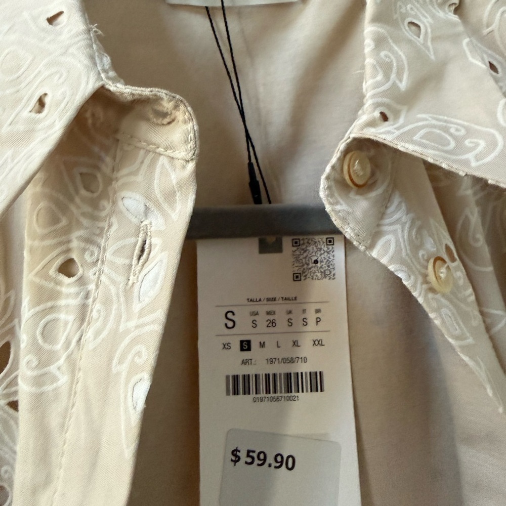 Zara beige EMBROIDERED CUTWORK SMOCK DRESS NWT - Picture 5 of 8